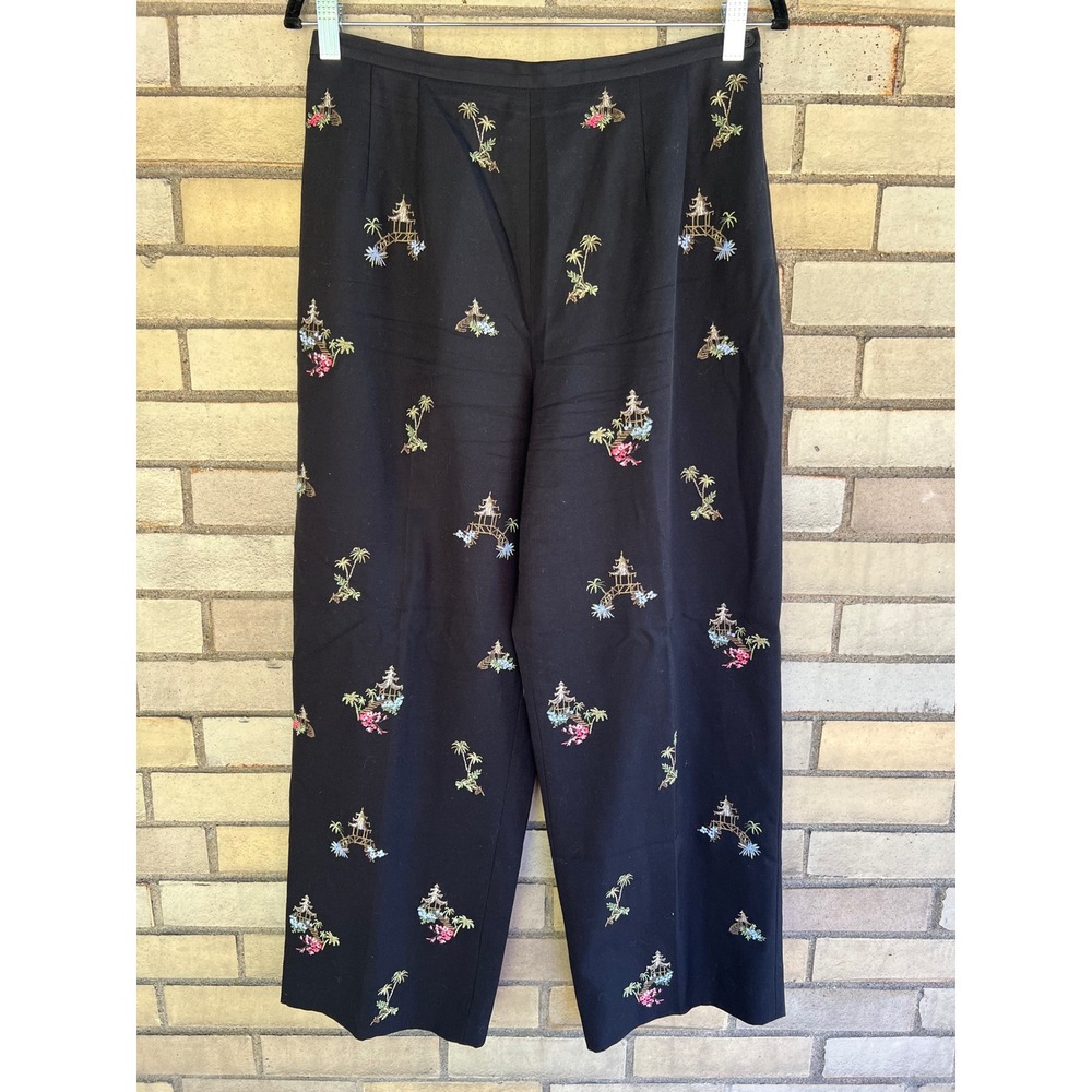 Vintage Talbots Black Silk Cotton Embroidered Palm Tree Pagoda Pants 10 Medium